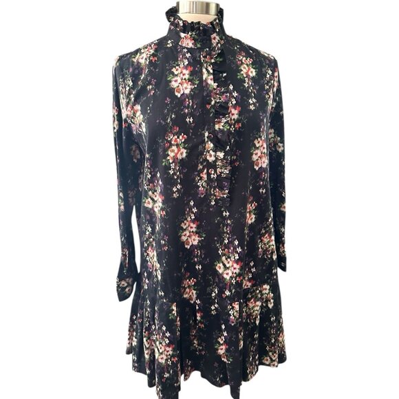 Tuckernuck Dresses & Skirts - Tuckernuck Dress Womens Large Black Onyx Falling Flowers Bouquet Shirt Dress